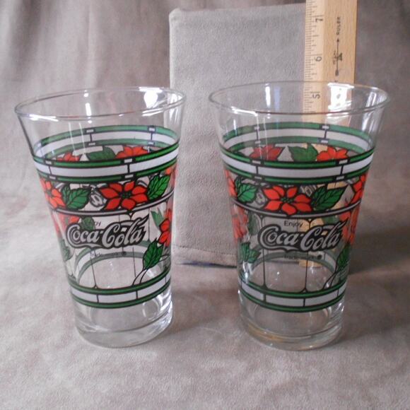 Vintage Coca-Cola Holiday Stained Glass Poinsettia Glasses Lot of 2 Tumblers - Picture 4 of 9